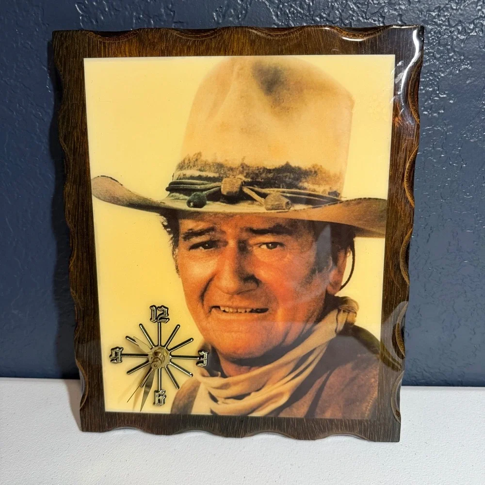 AS IS John Wayne Wall Clock 11.5x9.25 Brown Wood‎ Resin Portrait Vintage Style